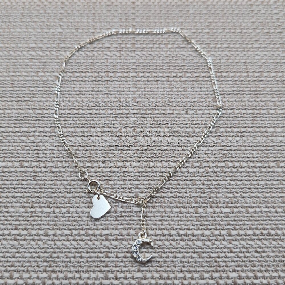 10 Inch Sterling Silver Crystal Letter C Figaro Ankle Bracelet A5212